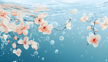 Wall Mural - Underwater creative love concept of fresh Spring flowers in water background. Love is in the water, happy Valentine's Day. Pastel blue background. Illustration.   