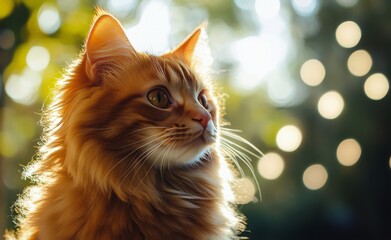 A golden cat gazes thoughtfully in a sunlit garden surrounded by twinkling lights