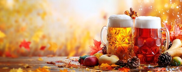 Two mugs of beer resting on table with autumn decorations