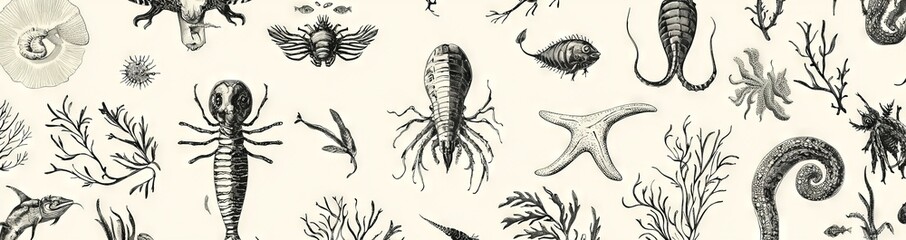 Food and fishing sport concept for cafe or restaurant. Seafood seamless pattern. Hand drawn lobster, crab, oyster, mussel, squid, shrimp and fish sketch.