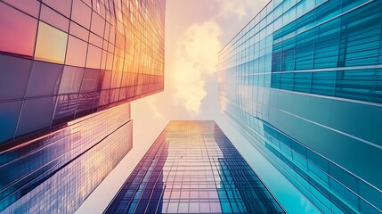 Poster - Low angle view of skyscrapers in the city at sunset