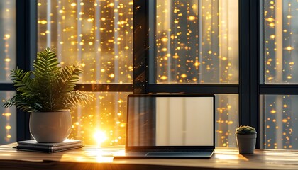 Serene workspace with large window offering golden light, featuring a minimalist table and laptop for productivity