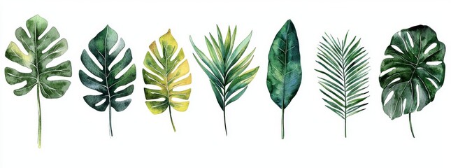 Wall Mural - Tropical plants as watercolor illustrations. Tropical botanical illustrations with botanical elements. Tropical palm leaves, monsters, homeplants, banana leaves.