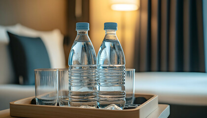 Wall Mural - two bottles of mineral water in the hotel room, as well as clean glasses on a tray   