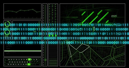Animation of digital data processing binary coding over black background