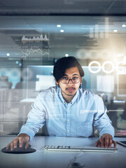 Wall Mural - man, data scientist and portrait with code, typing and innovation in web research. computer engineer