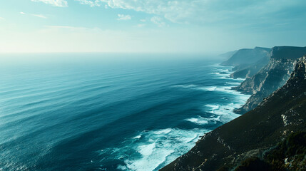 Wall Mural - A stunning ocean view from a mountain ridge with the sun rising over the horizon and casting a golden glow on the water below.