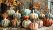 © mahamad - Collection of handmade plaster pumpkins. Autumn seasonal holidays background in natural colors. DIY craft pumpkins for Halloween, Thanksgiving, and fall decoration.