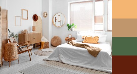 Poster - Interior of beautiful light bedroom. Different color patterns