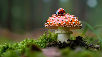 ladybug on mushroom in forest nature, a cute insect bug in wild woodland with natural green plant and red floral beetle in outdoor wildlife garden