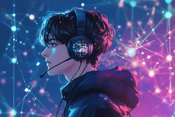 Anime Boy with Headphones in Futuristic Setting