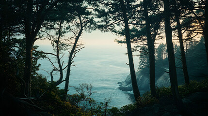 Wall Mural - A tranquil ocean view from a forested bluff with tall trees framing the distant horizon and the calm sea below.