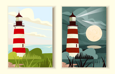 Light tower posters set. Night and day scene with red striped tower near sea or ocean. Navigation for ships and vessels. Booklet and fyer. Flat vector collection isolated on white background