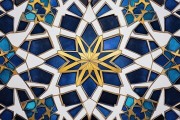 Majestic islamic geometric pattern with intricate blue and gold design for decorative art.