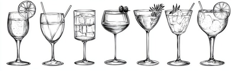 The image of a drink illustration has an alcohol background. A glass silhouette menu is illustrated in black and white.