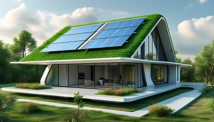 Wall Mural - Futuristic Eco-friendly Smart Home Model Showcasing Solar Panels and Sustainable Energy Solutions