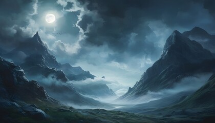 Wall Mural - Enigmatic Mountain Landscape Illuminated by Moonlight Under a Cloudy, Spooky Sky