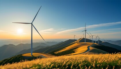 Golden light illuminating wind turbine farm atop a hill, showcasing the beauty of renewable energy in nature