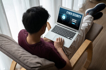 Cyber security system on computer screen protect private information snugly from hacker and cyber attack