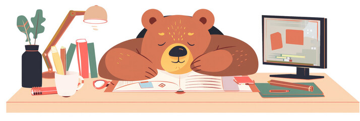 a bear peacefully sleeps on an open book at a desk, with stationery items and a computer nearby, cre