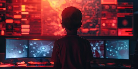 Boy standing in front of computer screen displaying hacked software and virus concept of cybersecurity breach and server code failure Young male involved in information technology high tech