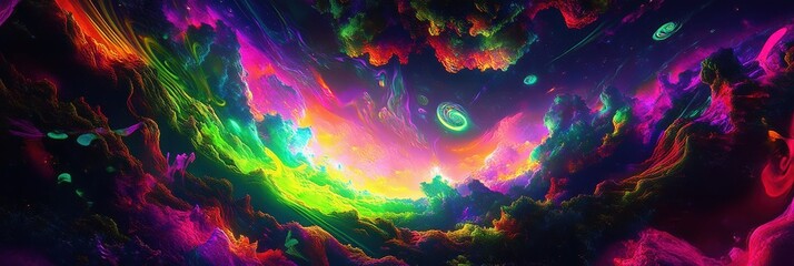 Wall Mural - vibrant psychedelic landscape with swirling colors and cosmic elements.