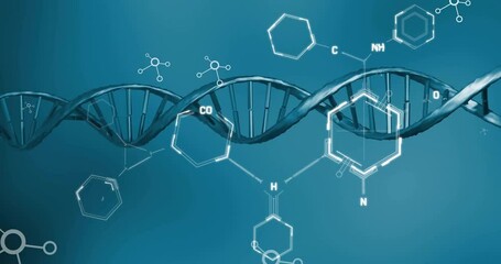 Canvas Print - Animation of dna strand and scientific data processing over blue background