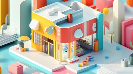 Sticker - Colorful 3D Render of a Small Store in a Playful Geometric Cityscape