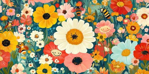 Sticker - Whimsical floral garden pattern with bees and smiling flowers for fabric design.