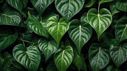 close up landscape view of dark green leaves stacked together, full green background