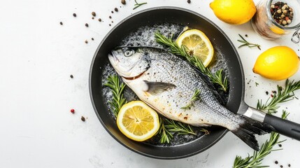 Wall Mural - Fresh Fish in a Pan with Lemon and Rosemary