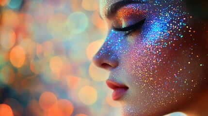 Canvas Print - Close-up of a Woman's Face Covered in Iridescent Glitter with a Bokeh Background