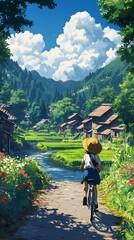 Wall Mural - Anime girl riding bike through a picturesque mountain village