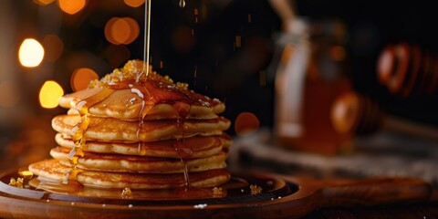 Canvas Print - Delicious Pancakes Drizzled with Honey and Syrup