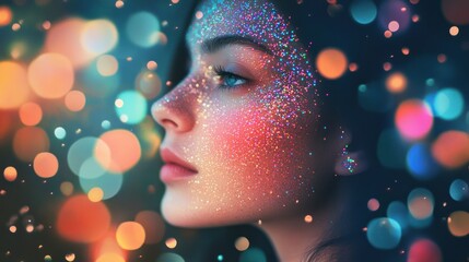 Wall Mural - Close-up of Woman's Face Covered in Glitter Against a Bokeh Background