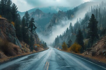 Wall Mural - Serene Mountain Road Amidst Misty Pines and Rolling Fog