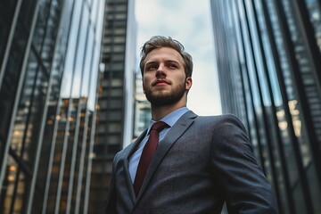 Confident businessman in a suit standing in a city street looking up at tall buildings