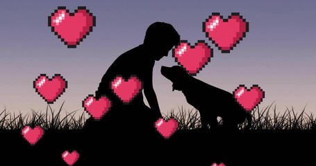 Wall Mural - Animation of heats floating over silhouette of man and dog in field