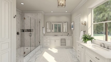 Poster - Modern White Bathroom with Marble Floors and Glass Shower