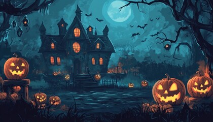 Wall Mural - Haunted House with Jack-o'-Lanterns on a Spooky Halloween Night