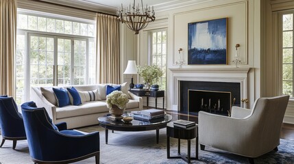 Elegant Living Room with Fireplace, Sofa, and Blue Accents