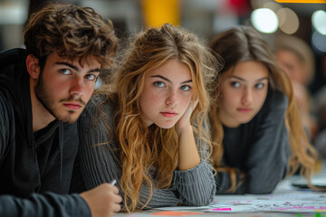 Canvas Print - Teens working on a school project together, brainstorming and collaborating. Concept of academic teamwork and creativity.