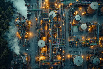 Poster - Drone shot of a modern industrial area with large factories and warehouses, highlighting the scale of industrial operations. Concept of industrial infrastructure and production.