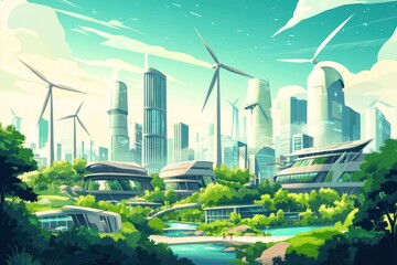 Illustration of a futuristic city powered by wind turbines, with lush greenery and modern architecture. The composition captures the harmony between technology and nature.