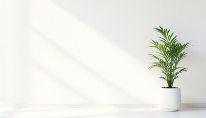 Wall Mural - A potted green plant in a white pot against a white wall with sunlight streaming in.