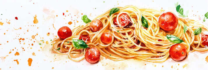 Spaghetti with tomatoes and basil leaves on a white background. Watercolor illustration. Delicious pasta with cheese. National Spaghetti Day. Horizontal banner. Copy space. Italian food