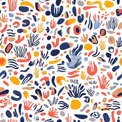 Wall Mural - Bold primary colors of watercolor paint strokes, muted. Seamless pattern on ivory white colors