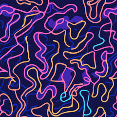 Wall Mural - Neon abstract colorful background with lines. Seamless repeating pattern, squiggles and swirls