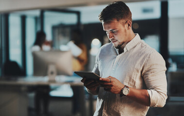 Poster - Night, tablet and internet with man in office for network, communication or administration. Auditor, processing clerk and booking report with person in finance agency for system record and feedback