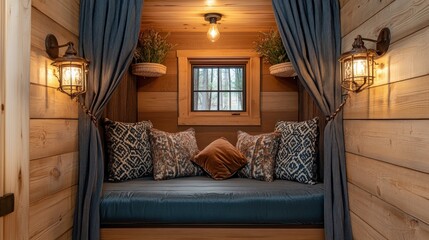 Wall Mural - Cozy Cabin Nook with Window and Cushioned Bench